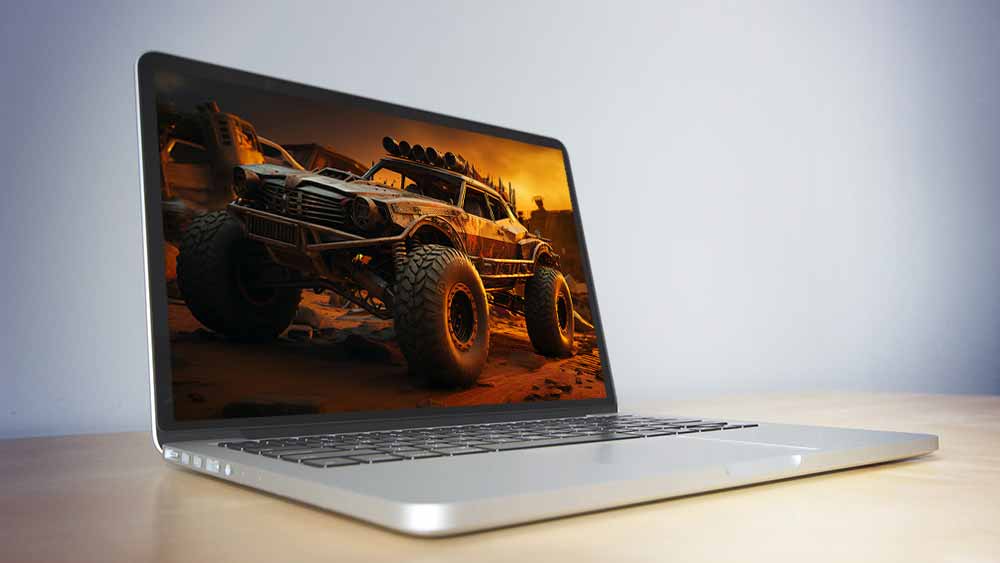 Monster truck post-apocalyptique inspiré de Mad Max Fury Road, fond d'écran 4k HD avec de gros pneus et des pointes métalliques, sur fond de paysage désertique.