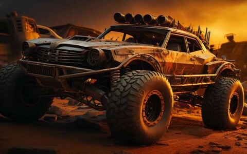 Monster truck post-apocalyptique inspiré de Mad Max Fury Road, fond d'écran 4k HD avec de gros pneus et des pointes métalliques, sur fond de paysage désertique.