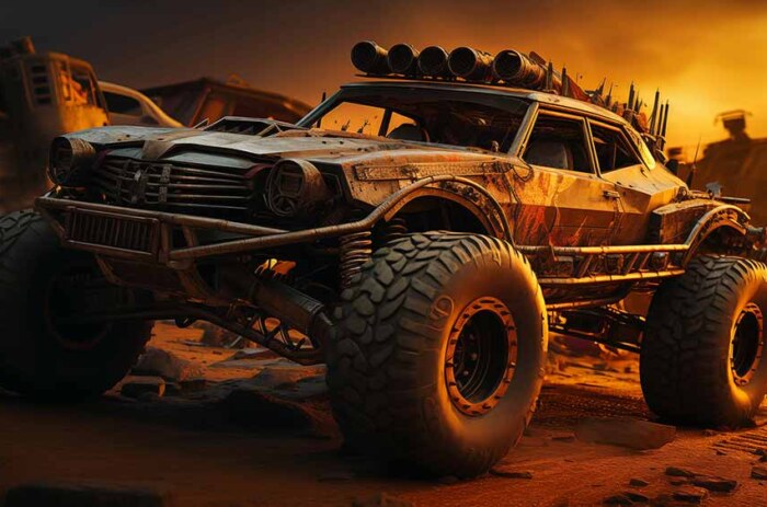 Monster truck post-apocalyptique inspiré de Mad Max Fury Road, fond d'écran 4k HD avec de gros pneus et des pointes métalliques, sur fond de paysage désertique.