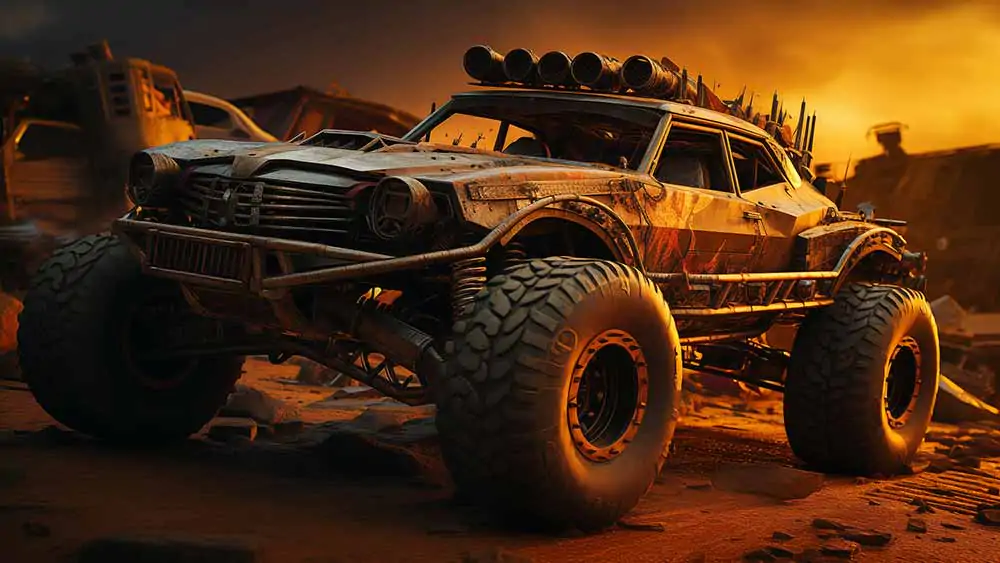 Monster truck post-apocalyptique inspiré de Mad Max Fury Road, fond d'écran 4k HD avec de gros pneus et des pointes métalliques, sur fond de paysage désertique.