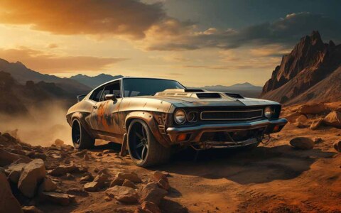 Muscle Car classique Plymouth Barracuda dans un paysage désertique au coucher du soleil Fond d'écran gratuit HD 4K