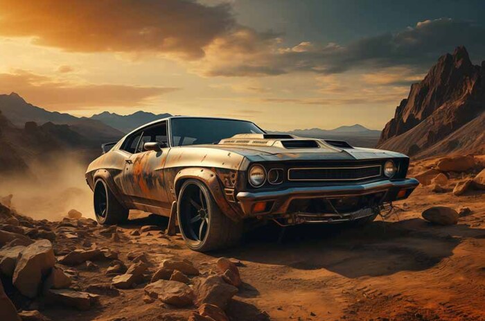 Muscle Car classique Plymouth Barracuda dans un paysage désertique au coucher du soleil Fond d'écran gratuit HD 4K