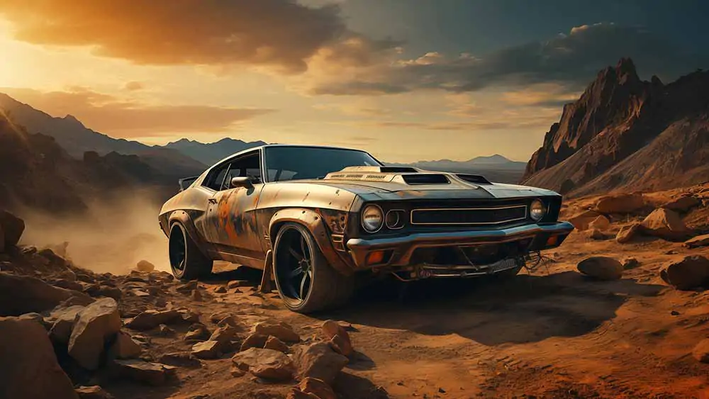 Classic Plymouth Barracuda Muscle Car in Desert Landscape at Sunset Free Wallpaper HD 4K