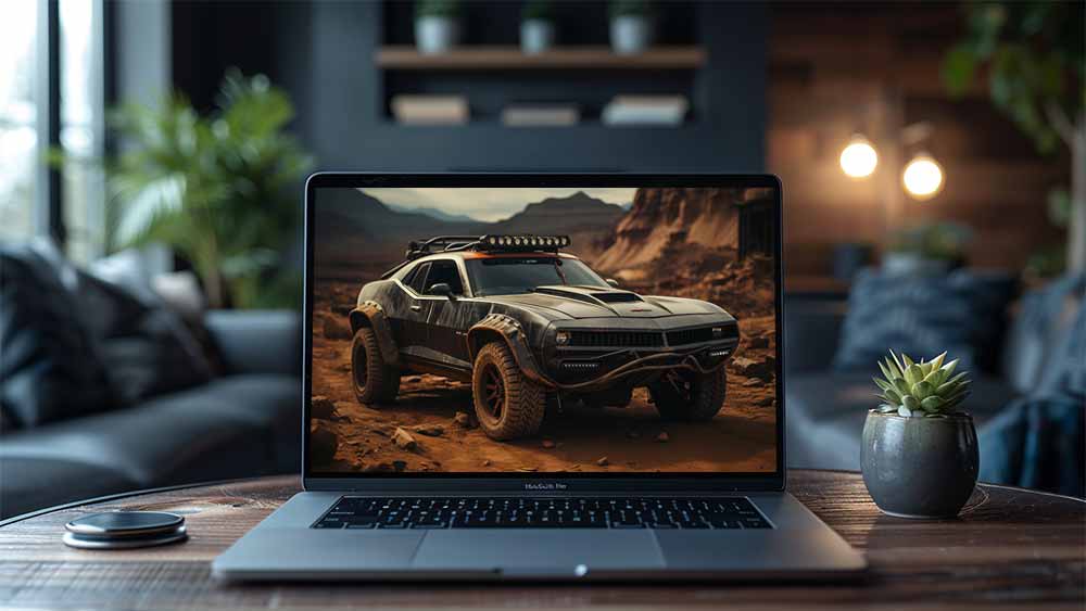 Dodge Challenger tout-terrain modifié dans un paysage désertique accidenté Fond d'écran HD 4K