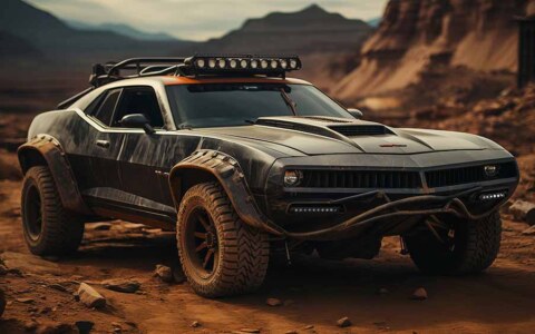 Dodge Challenger tout-terrain modifié dans un paysage désertique accidenté Fond d'écran HD 4K