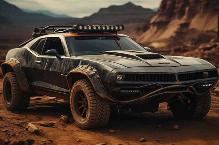 Dodge Challenger tout-terrain modifié dans un paysage désertique accidenté Fond d'écran HD 4K