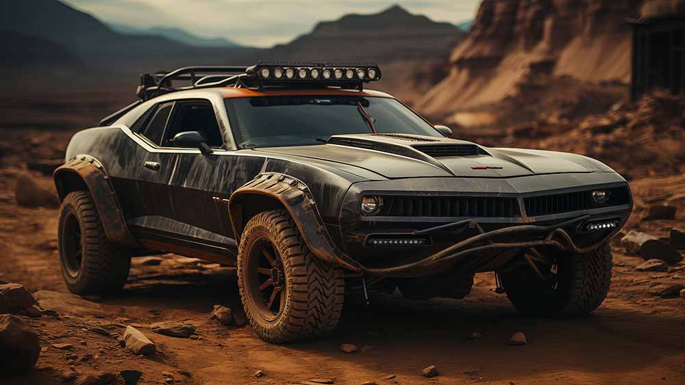 Dodge Challenger tout-terrain modifié dans un paysage désertique accidenté Fond d'écran HD 4K