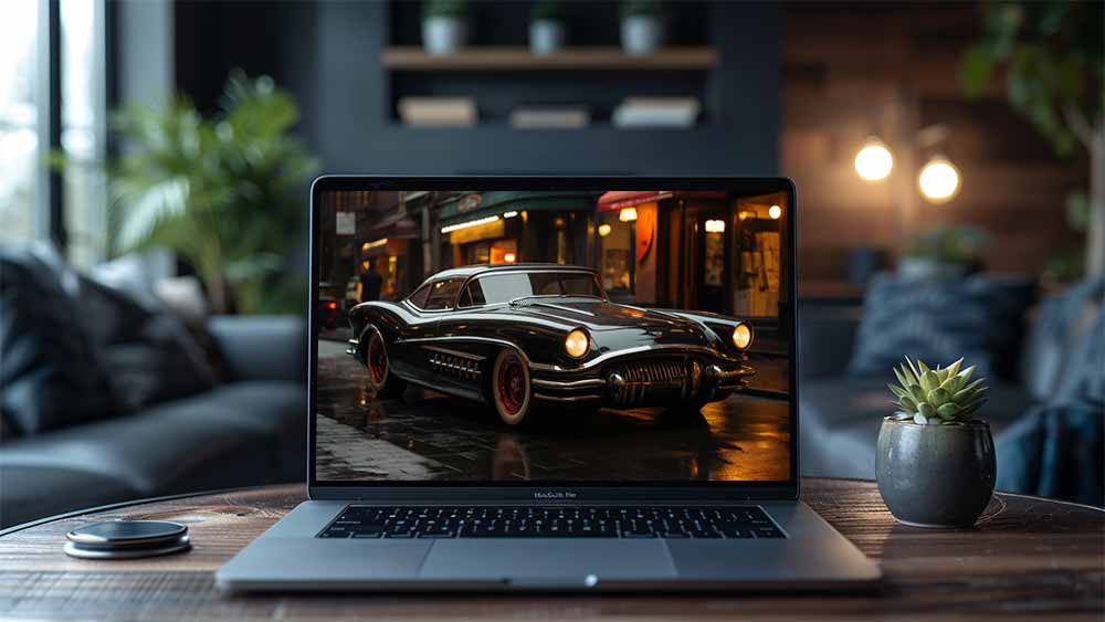 Fond d'écran HD 4K d'une voiture classique de luxe noire des années 1950 garée dans une rue humide de la ville la nuit, avec les lumières de la ville se reflétant sur la surface de la voiture