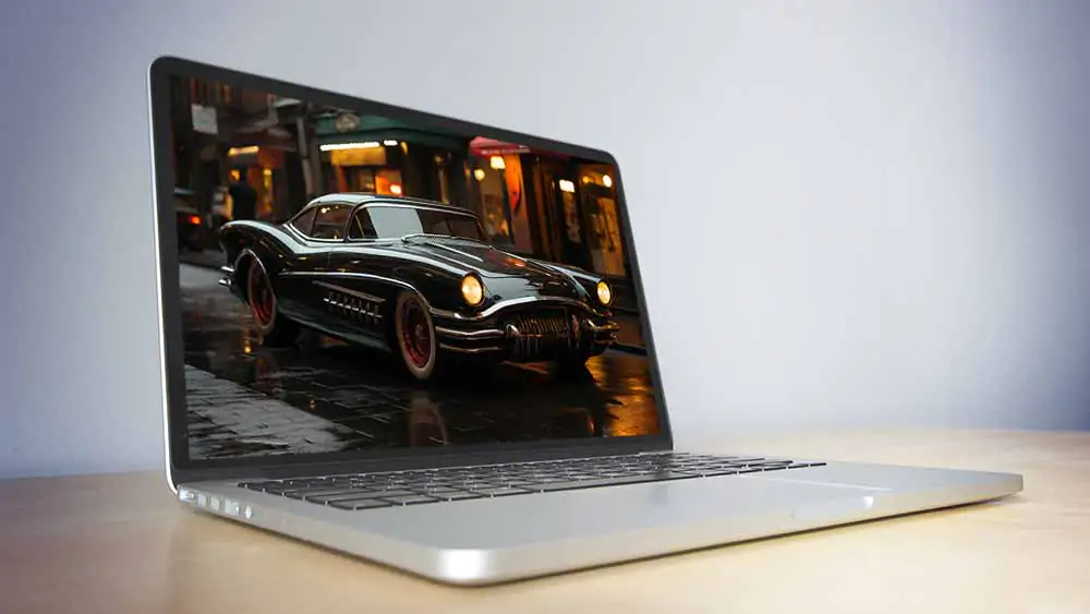 Wallpaper HD 4K of Black 1950s luxury classic car parked on a wet city street at night, with city lights reflecting on the car's surface