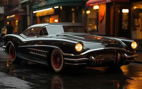 Wallpaper HD 4K of Black 1950s luxury classic car parked on a wet city street at night, with city lights reflecting on the car's surface