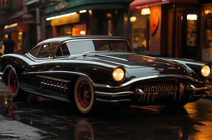 Fond d'écran HD 4K d'une voiture classique de luxe noire des années 1950 garée dans une rue humide de la ville la nuit, avec les lumières de la ville se reflétant sur la surface de la voiture