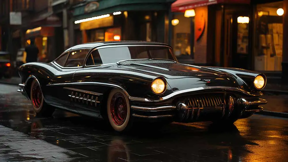 Wallpaper HD 4K of Black 1950s luxury classic car parked on a wet city street at night, with city lights reflecting on the car's surface