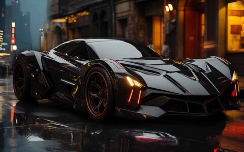 Batmobile futuriste garée dans une rue pluvieuse de la ville, fond d'écran haute résolution 4k gratuit