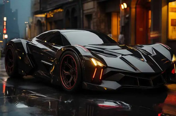 Batmobile futuriste garée dans une rue pluvieuse de la ville, fond d'écran haute résolution 4k gratuit