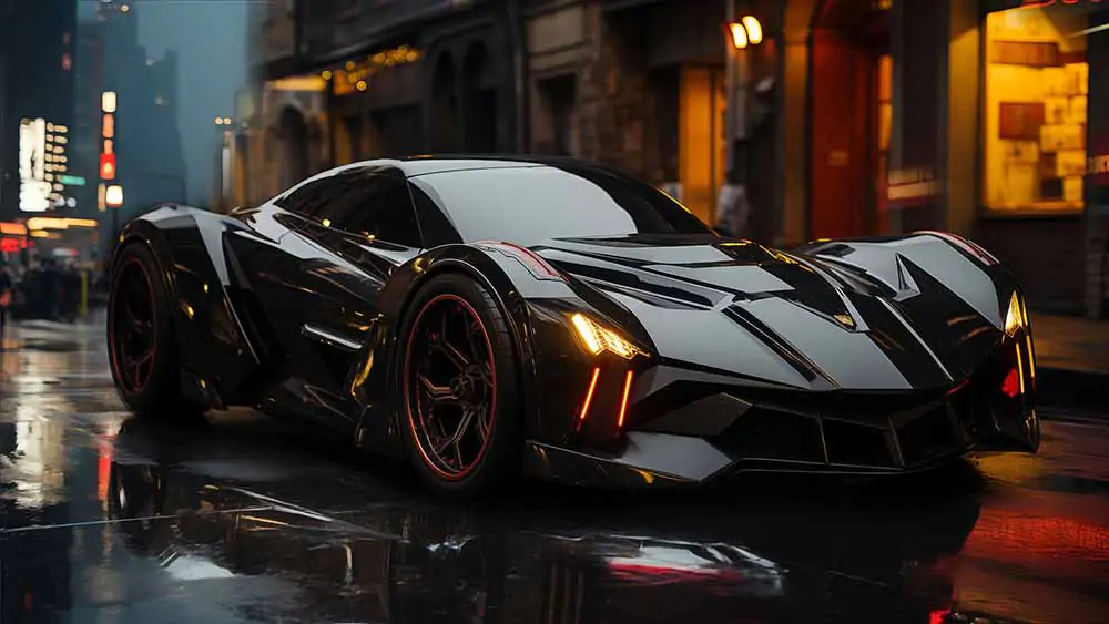 Batmobile futuriste garée dans une rue pluvieuse de la ville, fond d'écran haute résolution 4k gratuit