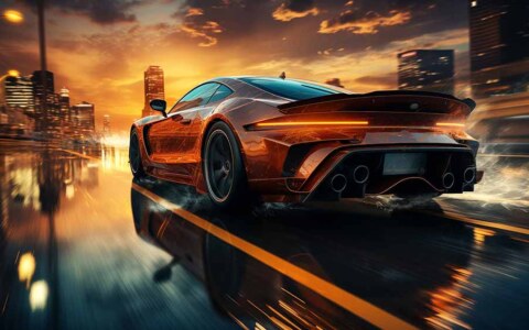 Need for speed voiture de sport en course dans la ville au coucher du soleil, fond d'écran 4K Gratuit