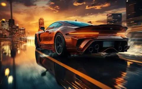 Need for speed sports car racing through city at sunset, 4K wallpaper