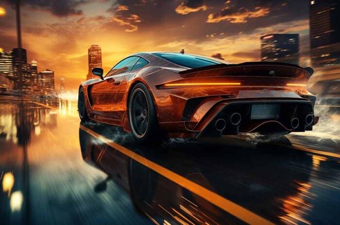 Need for speed voiture de sport en course dans la ville au coucher du soleil, fond d'écran 4K Gratuit