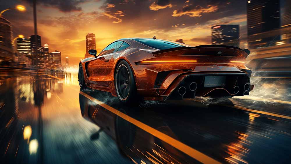 Need for speed voiture de sport en course dans la ville au coucher du soleil, fond d'écran 4K Gratuit