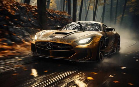 Mercedes-AMG GT R à toute vitesse dans la forêt brumeuse d'automne Fond d'écran HD 4K