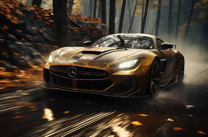 Mercedes-AMG GT R à toute vitesse dans la forêt brumeuse d'automne Fond d'écran HD 4K