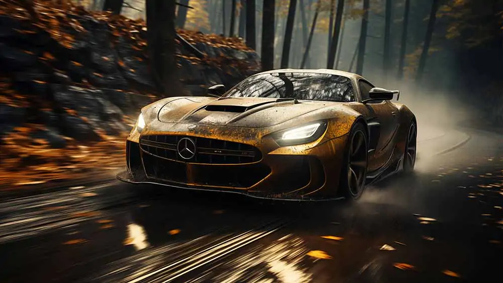 Mercedes-AMG GT R à toute vitesse dans la forêt brumeuse d'automne Fond d'écran HD 4K