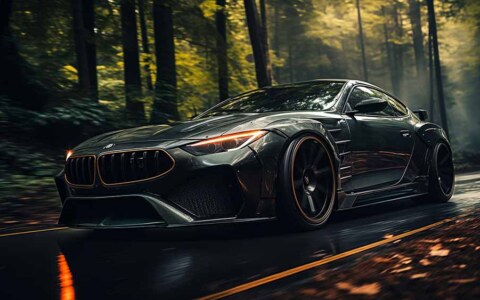 Coupé BMW personnalisé, vert foncé avec des accents orange, conduisant à travers la forêt fond d'écran 4K HD.