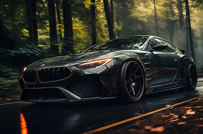 Custom BMW coupe, dark green with orange accents, driving through forest wallpaper 4K HD.