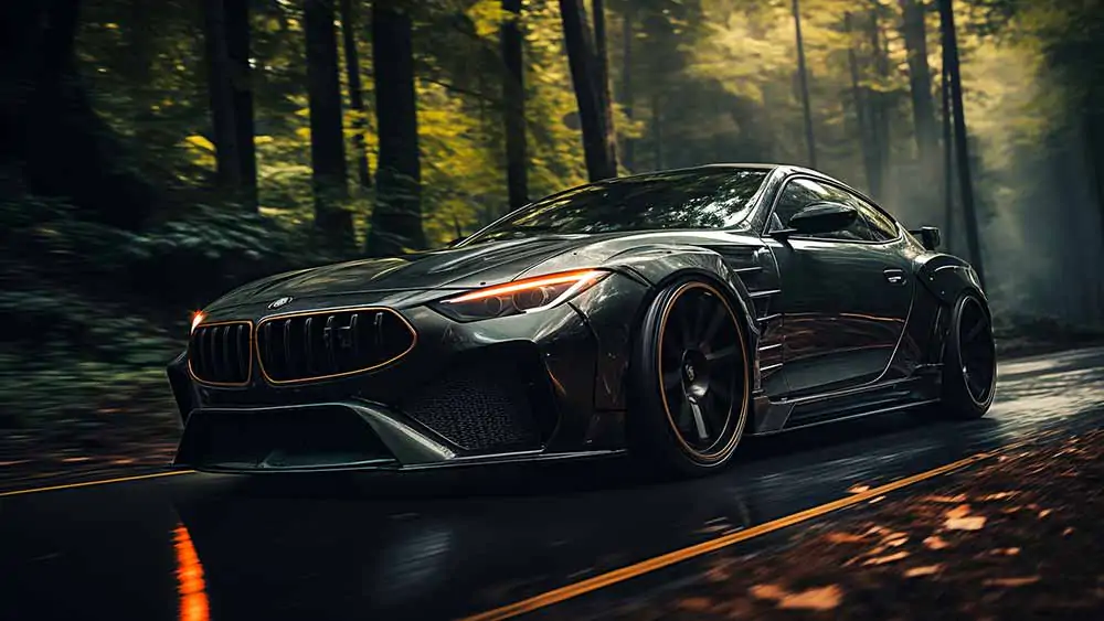 Custom BMW coupe, dark green with orange accents, driving through forest wallpaper 4K HD.