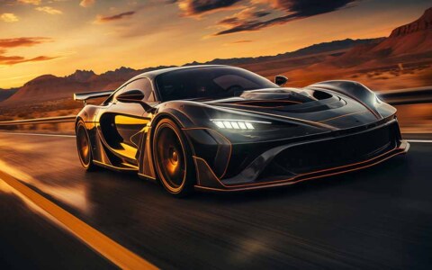 McLaren 765LT à grande vitesse sur l'autoroute du désert au coucher du soleil Fond d'écran HD 4K gratuit
