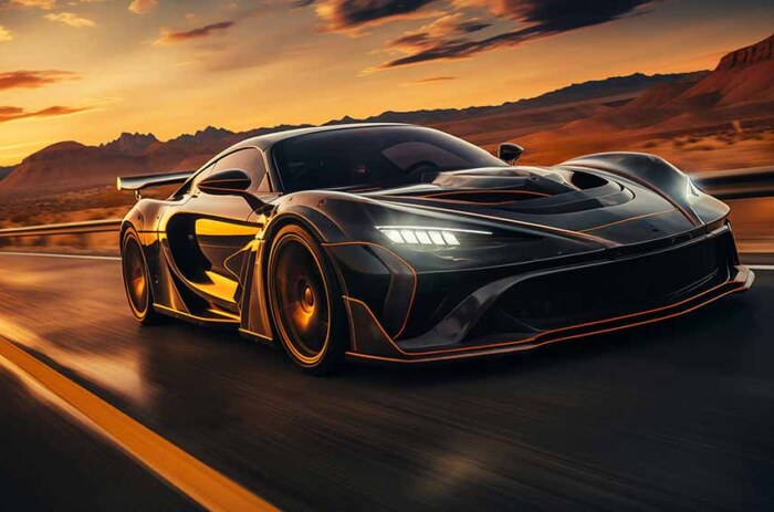 McLaren 765LT à grande vitesse sur l'autoroute du désert au coucher du soleil Fond d'écran HD 4K gratuit