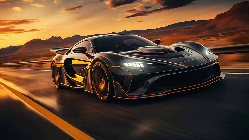 McLaren 765LT à grande vitesse sur l'autoroute du désert au coucher du soleil Fond d'écran HD 4K gratuit