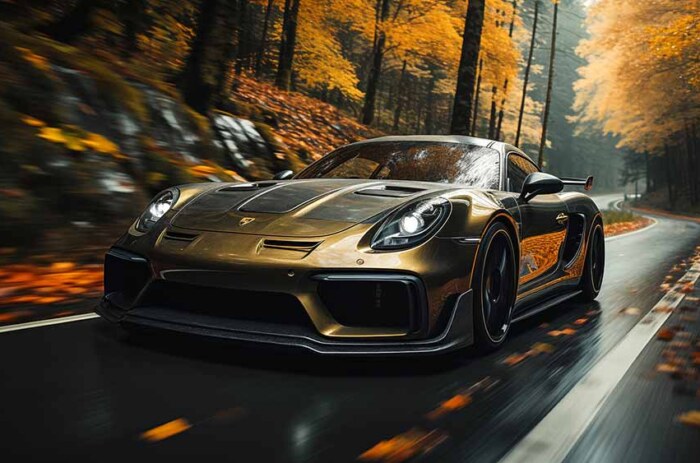 Need for Speed Car Porsche 718 Cayman GT4 RS à travers une forêt d'automne vibrante Fond d'écran HD 4K