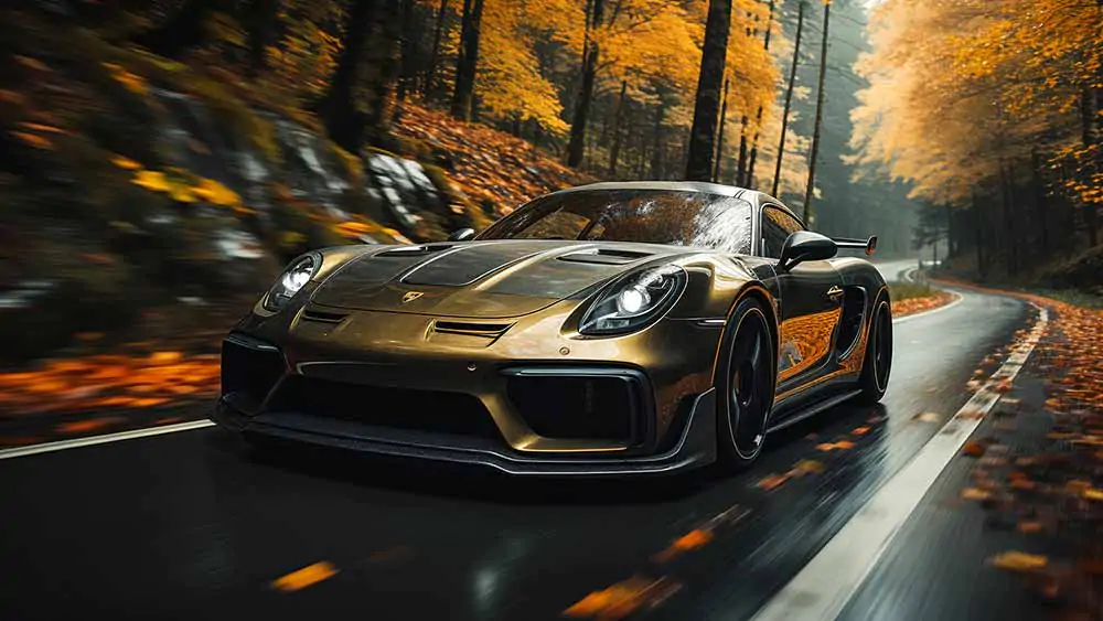 Need for Speed Car Porsche 718 Cayman GT4 RS driving through vibrant autumn forest HD 4K wallpaper