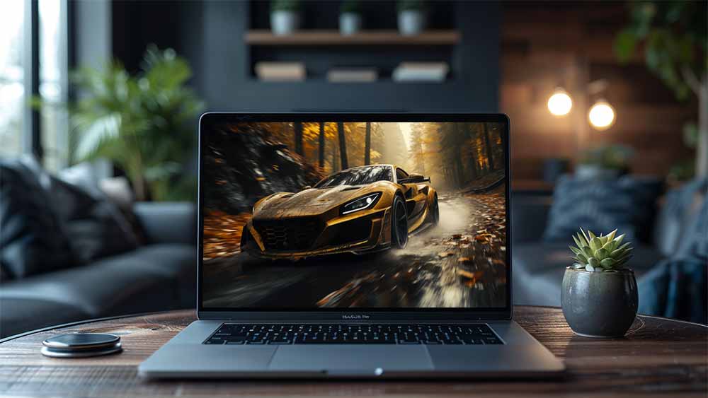 Fond d'écran 4K HD de la voiture l'hypercar électrique Rimac Nevera doré filant à travers une forêt automnale brumeuse - téléchargement gratuit