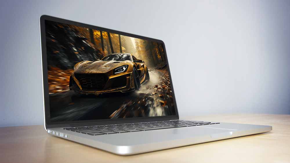 Fond d'écran 4K HD de la voiture l'hypercar électrique Rimac Nevera doré filant à travers une forêt automnale brumeuse - téléchargement gratuit