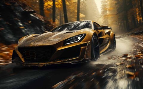 Fond d'écran 4K HD de la voiture l'hypercar électrique Rimac Nevera doré filant à travers une forêt automnale brumeuse - téléchargement gratuit