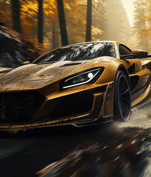 Golden Rimac Nevera electric hypercar speeding through misty autumn forest wallpaper 4K HD free download