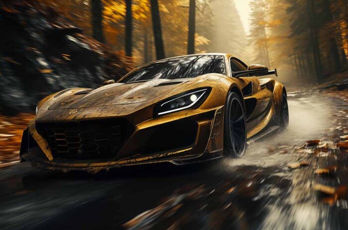 Fond d'écran 4K HD de la voiture l'hypercar électrique Rimac Nevera doré filant à travers une forêt automnale brumeuse - téléchargement gratuit