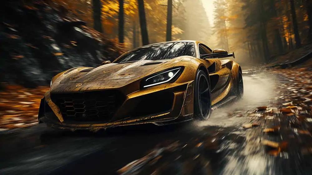 Golden Rimac Nevera electric hypercar speeding through misty autumn forest wallpaper 4K HD free download