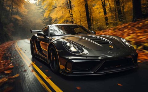 Voiture de sport Porsche gris foncé traversant une forêt d'automne fond d'écran HD 4K, feuillage d'automne vibrant, flou de mouvement, vitesse.