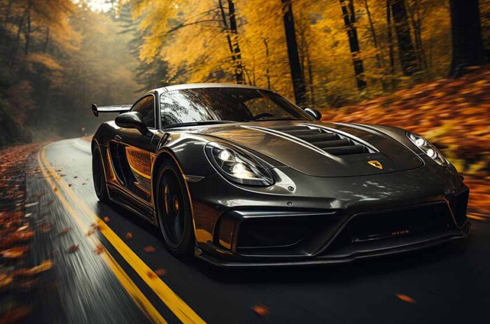 Voiture de sport Porsche gris foncé traversant une forêt d'automne fond d'écran HD 4K, feuillage d'automne vibrant, flou de mouvement, vitesse.