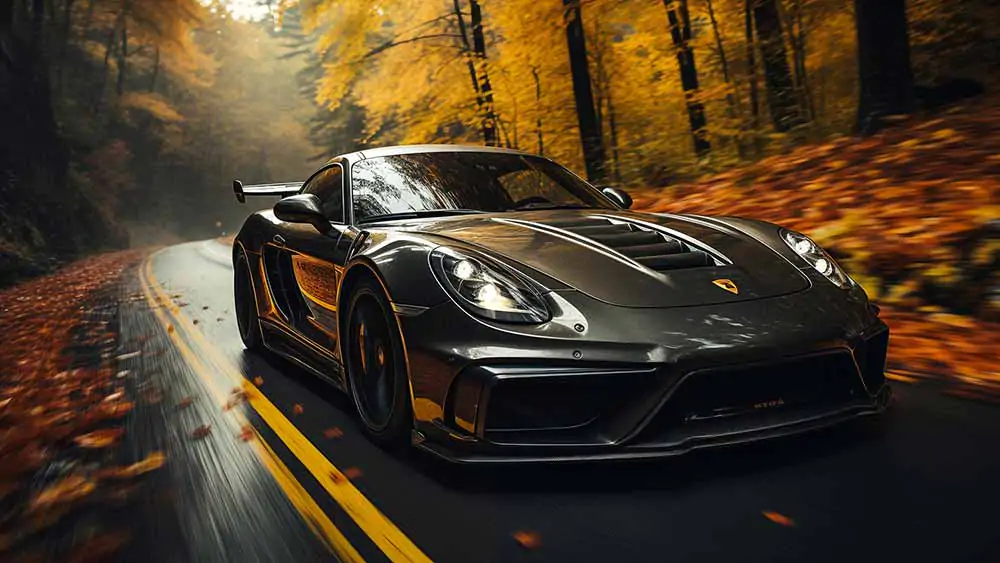 Dark grey Porsche sports car driving through an autumn forest wallpaper HD 4K, vibrant fall foliage, motion blur, speed.