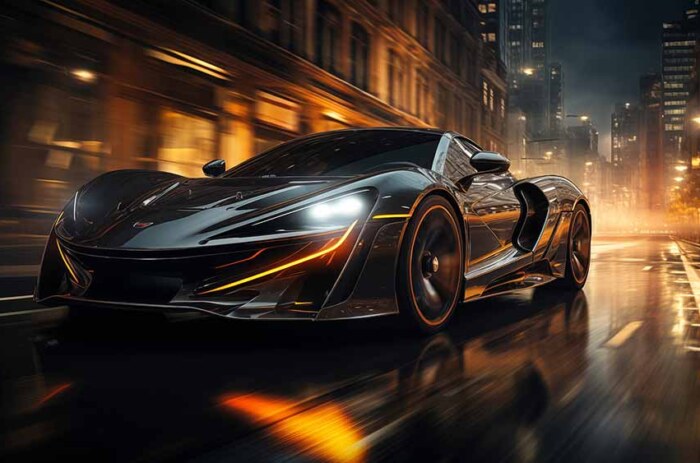 Voiture de sport McLaren Speedtail traversant une ville de nuit fond d'écran 4K HD Free Download