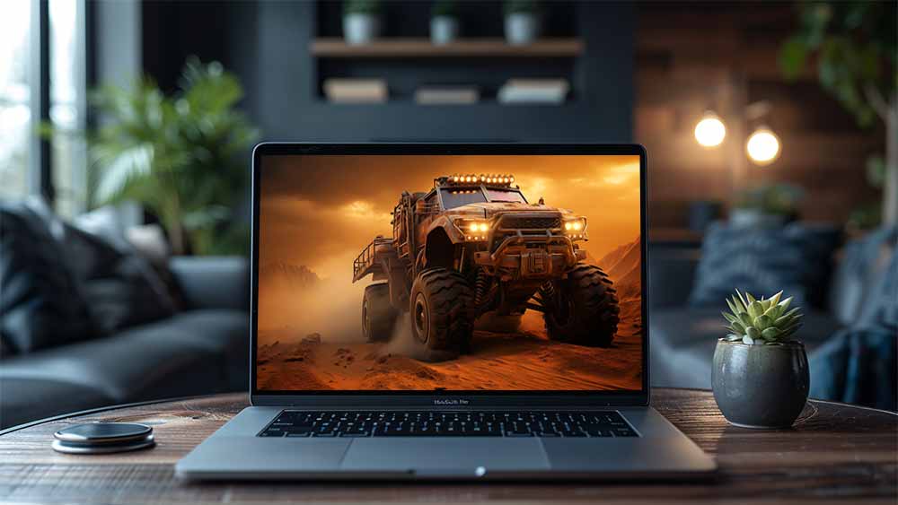 Fond d'écran HD 4K d'un gros camion dans une montagne désertique avec des pneus surdimensionnés et un éclairage de toit, fond d'écran HD 4K
