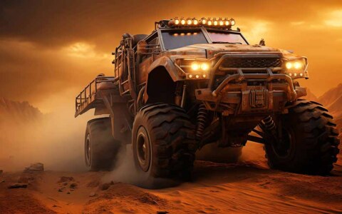 Fond d'écran HD 4K d'un gros camion dans une montagne désertique avec des pneus surdimensionnés et un éclairage de toit, fond d'écran HD 4K