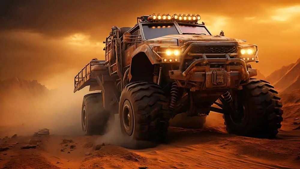 Wallpaper HD 4K of a big truck in a desert montain with oversized tires and roof lighting, HD 4K wallpaper