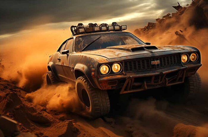 Fond d'écran voiture post-apocalyptique 4K HD : Inspiré par Mad Max Fury Road à télécharger gratuitement