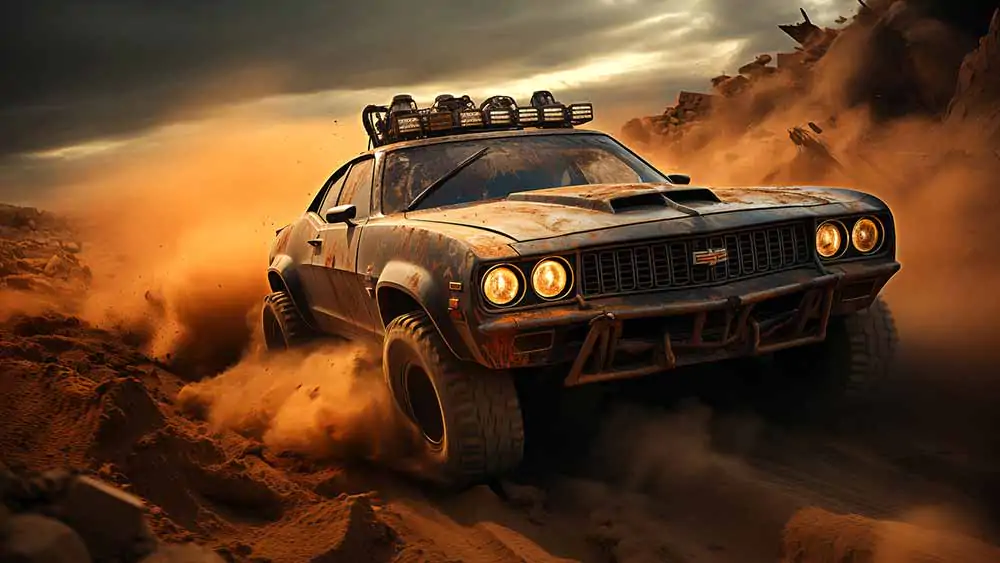 Fond d'écran voiture post-apocalyptique 4K HD : Inspiré par Mad Max Fury Road à télécharger gratuitement