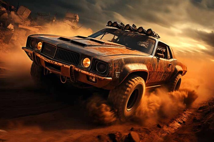 Fond d'écran post-apocalyptique Muscle Car Fury road 4K inspiré de Mad Max